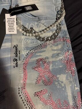 Men Adbk Slim Straight Jeans - Light Blue with Pink Crystal Accents